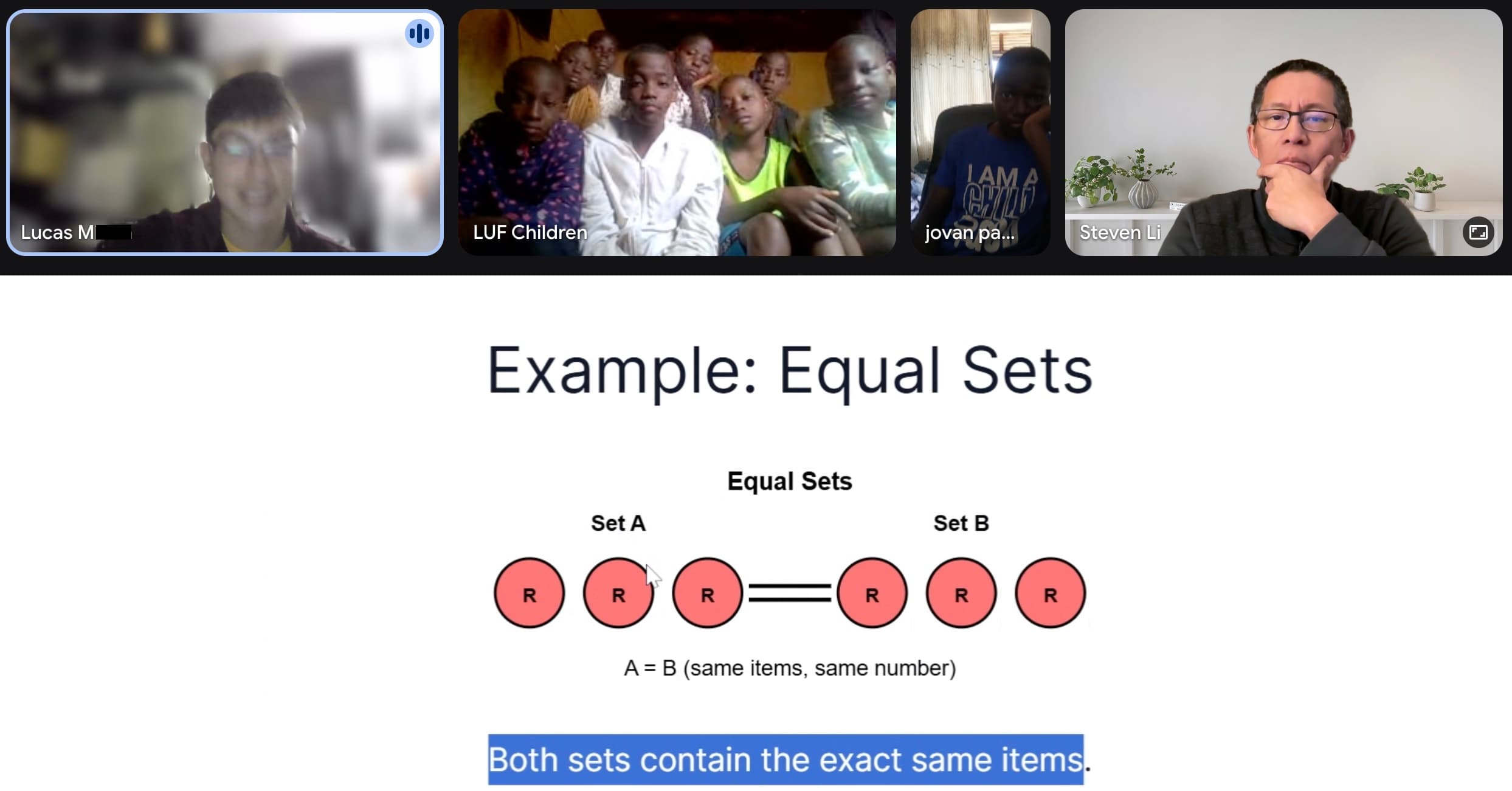 Lucas teaching Equal Sets to LUF students via Google Meet