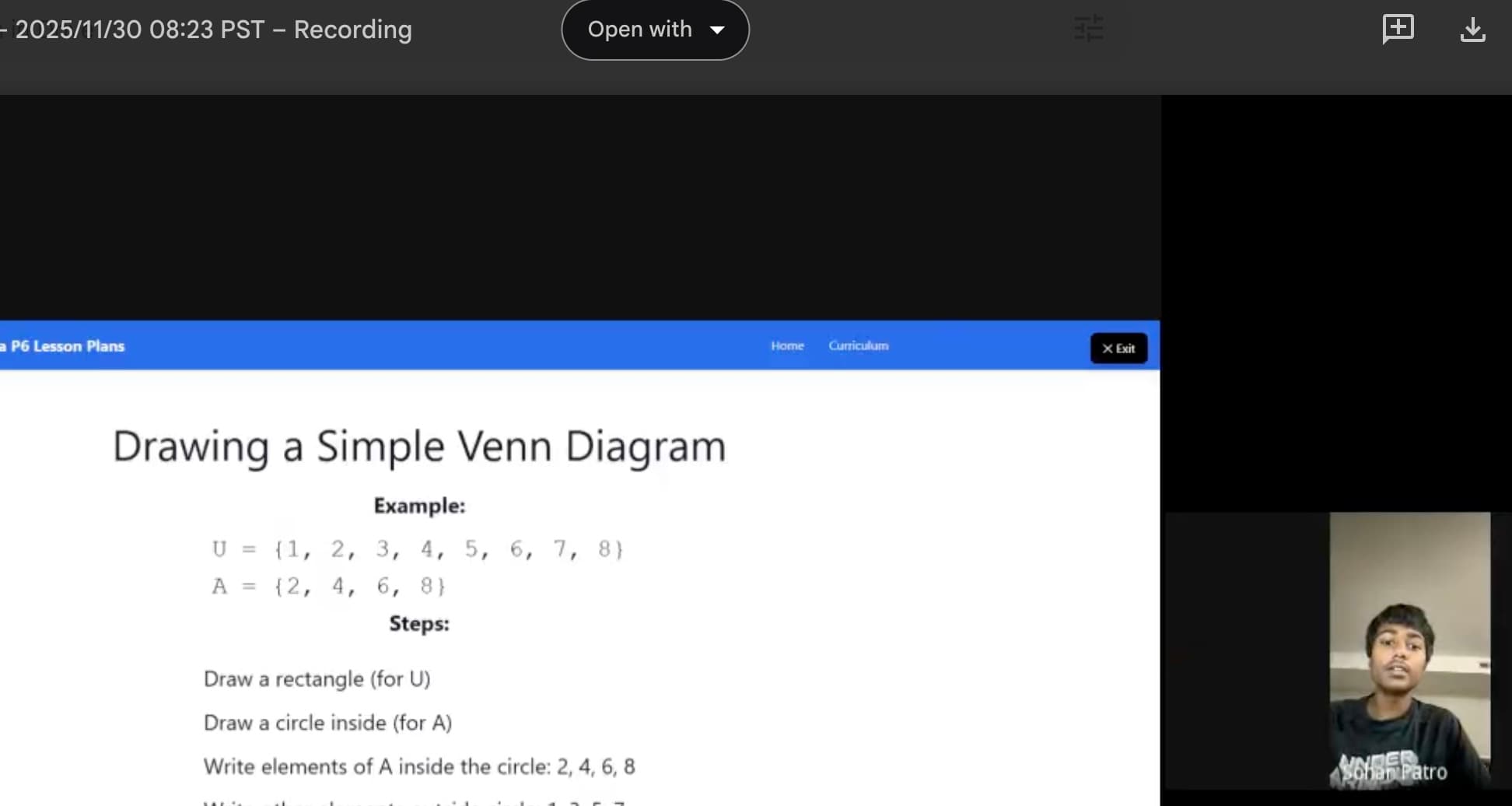 Drawing a Simple Venn Diagram lesson slide with Sohan presenting