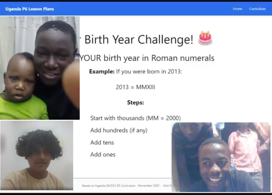 Aadi leading a mathematics lesson on Roman Numerals with LUF students via Google Meet